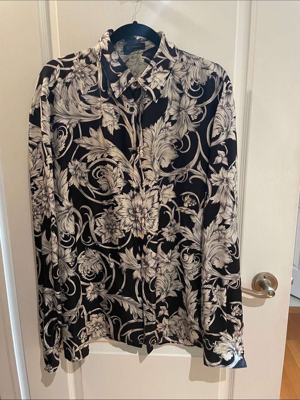 Versace Black and White Baroque Floral Silk Button-Down Shirt